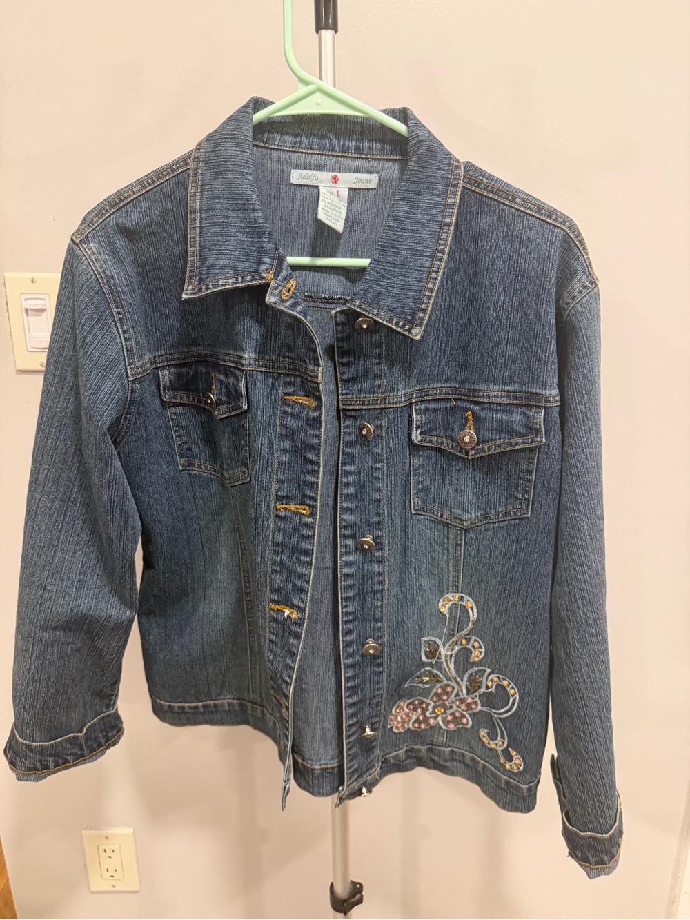 Adolfo Blue Denim Shirt Jacket with Embroidered Floral Stitching Accent